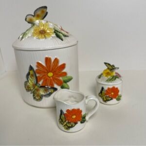 Vintage 70s Floral and Butterfly Ceramic Canister and Creamer Set